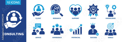 Consulting icon collection set. Containing Client, Research, Support, expert, knowledge, advice, experience, potensial, succes, goals icon. dual tone vector.