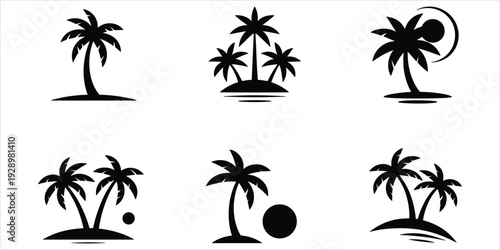 Set of Six Black Silhouette Icons of Palm Trees on Islands with Sun and Ocean Waves tropical beach