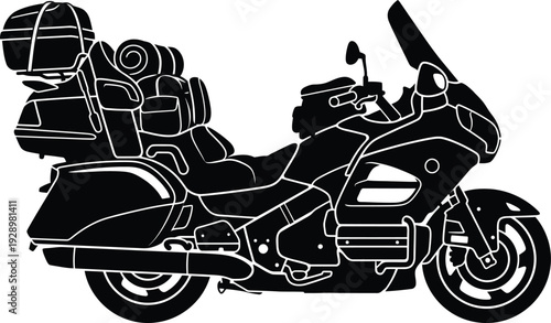 Large touring motorcycle with luggage on back and side ready for travel black silhouette
