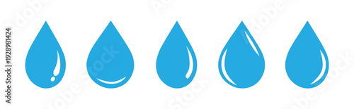 Blue Water Drop Shape Set – Flat Style Liquid or Oil Droplets Isolated on White Background (Stock Vector).