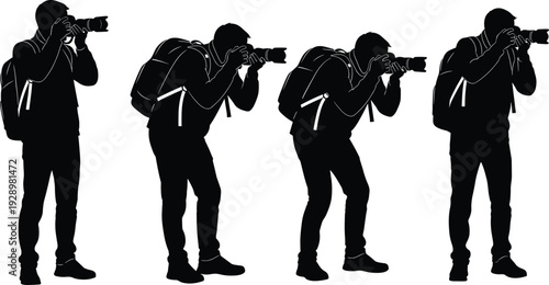 Photographer silhouettes set man with camera taking photos professional photography activity vector illustration isolated on white background