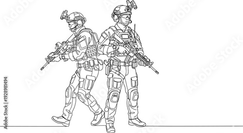 Soldiers in tactical gear walking side by side with guns military operation security and defense concept