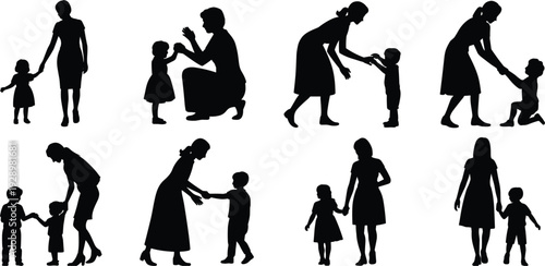 Mother and Child Silhouette Collection Showing Various Interactions and Poses family parent