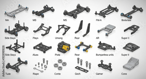 Collection of various black RC car chassis parts and components displayed.