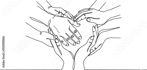 Multiple hands forming a heart shape with fingers intertwined in a symbol of unity and support on white background