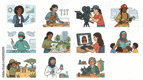 Women in STEM and Manual Labor Professions Icon Set Flat Line Art
