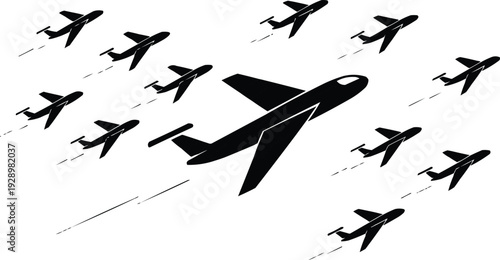 The image features a circular arrangement of nine dark green airplanes, each outlined in black, set against a clean white background. This design creates a visually striking contrast, allowing the air
