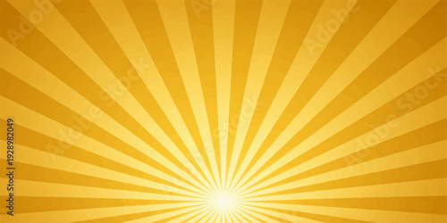 An abstract orange and yellow sunburst background featuring bright summer sun rays and warm sunlight beams in a vector illustration design of a sunny sky at sunrise
