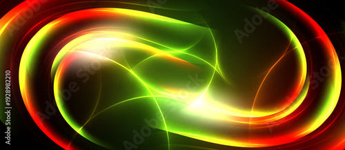Abstract luminous design. Swirling shapes blend vibrant colors, creating dynamic energy. Brightness contrasts against dark background.
