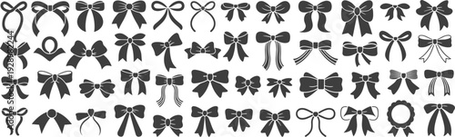 Large Collection of Black Bow Silhouettes in Various Styles on White Background ribbon gift