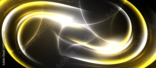 Abstract golden light swirls form infinity symbol. Bright center radiates energy, dark background enhances glow. Smooth curves create dynamic visual.