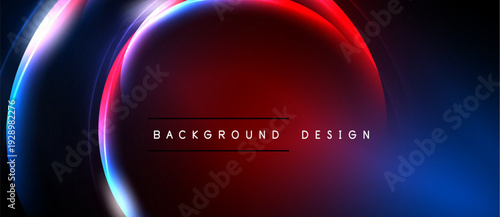 Abstract neon circles overlap, creating vibrant red, blue, white gradients. Dark background emphasizes glowing shapes, modern design element.