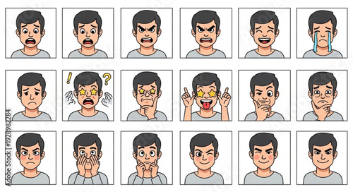 Various facial expressions of a man, showcasing different emotions and feelings.