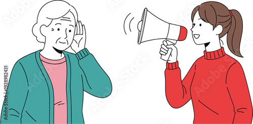 Hearing assistance and communication support concept, woman speaking through megaphone to elderly person with listening difficulty illustration