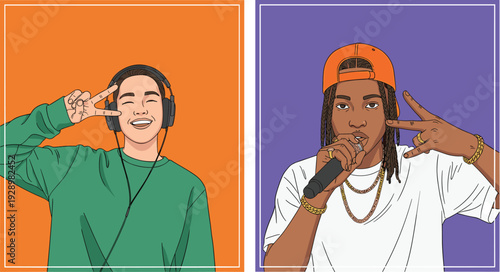 Hip hop music culture concept illustration, young rapper performing with microphone and teenager listening with headphones