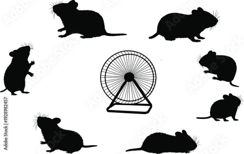 Hamster Silhouettes And Exercise Wheel On White Background mouse rodent