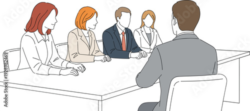 Job interview meeting concept, business team interviewing candidate at office table professional recruitment and hiring process illustration