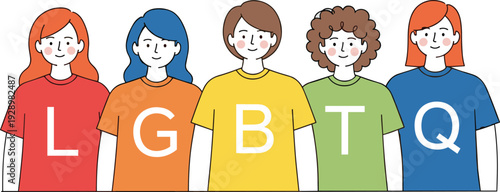 LGBTQ community diversity concept illustration, inclusive people wearing pride letters representing equality identity and social acceptance theme