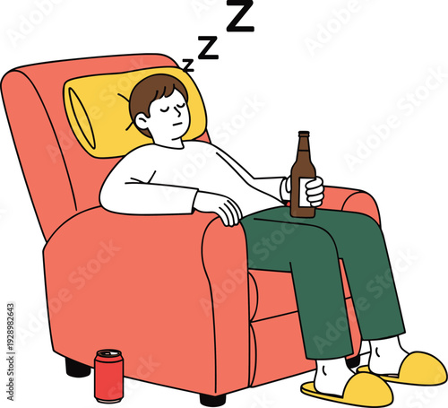 Man sleeping on armchair with beer bottle, alcohol addiction and unhealthy lifestyle concept illustration of drunk person at home