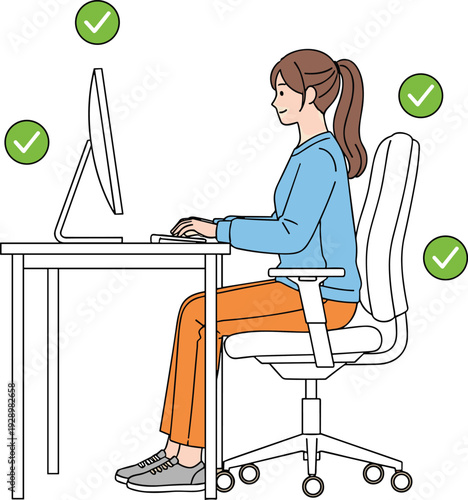Proper sitting posture at desk with computer, ergonomic workplace setup and healthy office position concept illustration