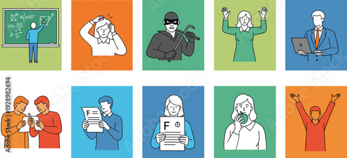 School education behavior and performance concepts set, student success failure cheating crime and achievement illustration collection