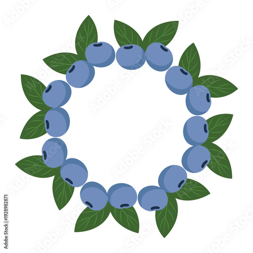 Round frame of ripe blueberries and forest leaves for organic food branding or botanical decor.
