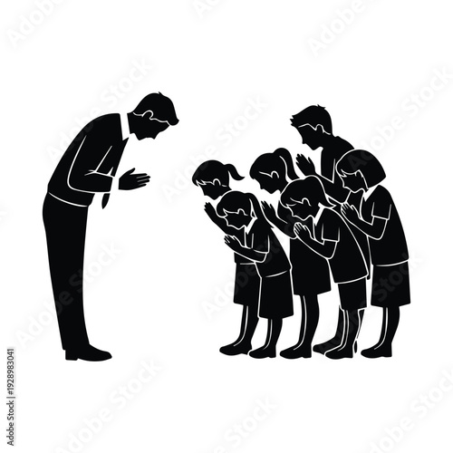 A teacher bows to a group of students in a respectful gesture