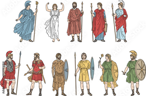 Ancient Greek and Roman characters set, mythological gods warriors and philosophers in classical historical costume illustration collection