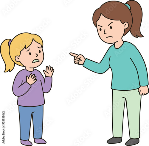 Angry mother scolding scared child, parenting discipline and family conflict concept illustration with emotional behavior scene