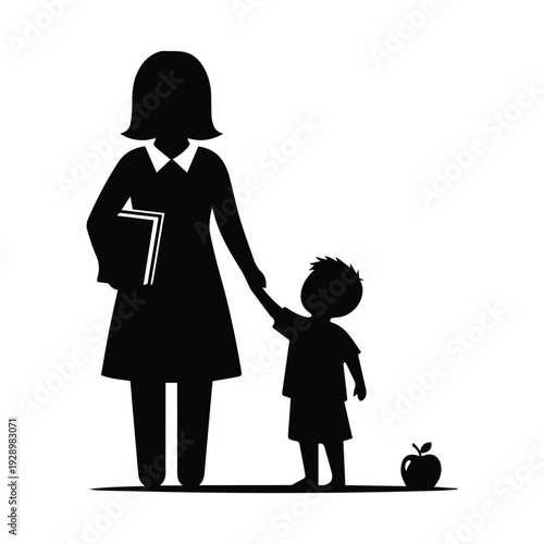Silhouette of a mother and son walking with an apple nearby