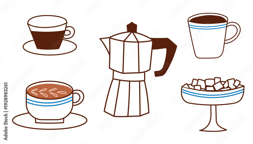 Obraz premium Italian moka pot and coffee cup set for traditional espresso preparation in a modern kitchen.