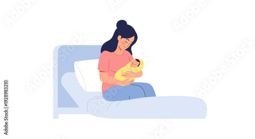 Tender flat illustration of a new mother gently embracing her newborn baby in a hospital bed, showcasing early maternal care, love, and the beautiful bond of family