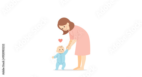 Mother helping her baby take first steps, symbolizing new beginnings and parental love