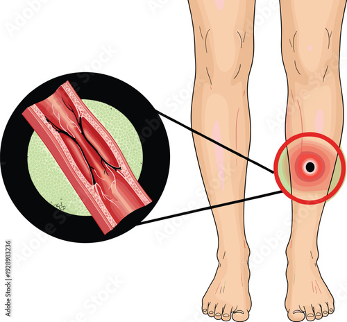 Varicose veins and leg pain medical illustration, vascular disease concept with inflamed blood vessel close up design
