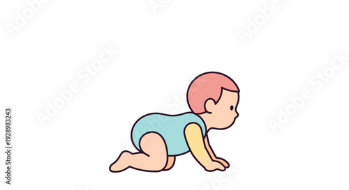 Baby crawling on hands and knees in light blue bodysuit, on white background, cute cartoon style illustration
