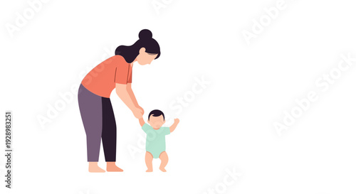 Caring mother teaching her baby to walk, providing gentle support as the toddler takes their uncertain first steps into the world, fostering growth and independence