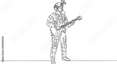 Soldier in tactical gear holding rifle in a stance ready for action on a plain background