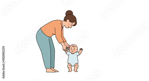 Loving mother gently guides her infant's first steps, offering unwavering support and care during their early walking development and exciting learning journey