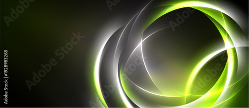 Abstract design features glowing circles, curves, gradients. Dark background contrasts bright neon green elements. Modern, dynamic composition.