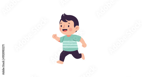 A cute cartoon boy running with a joyful expression and striped shirt