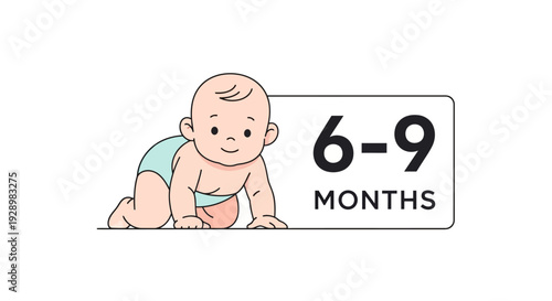 Adorable cartoon infant learning to crawl, illustrating the developmental stage of 6 to 9 months, perfect for baby-related content and child care themes