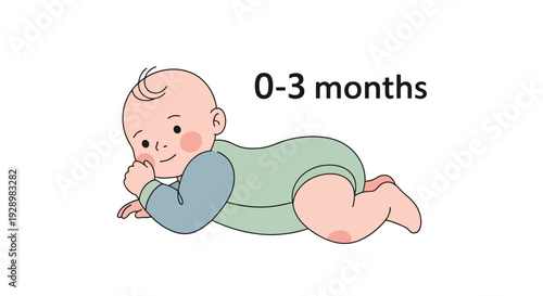 Adorable cartoon illustration of a happy infant during their first three months, depicting early developmental milestones and baby care