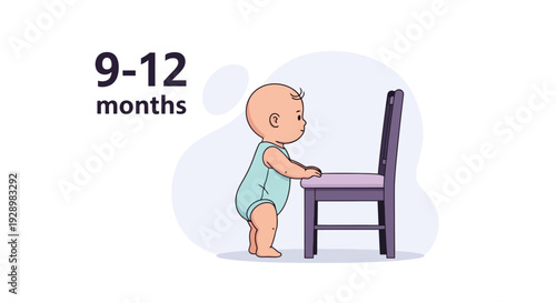 Illustration of a baby's early development, showing an infant learning to stand and take first steps, a key milestone for children between nine and twelve months