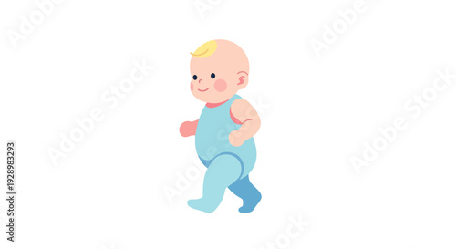 Adorable baby learning to walk, depicted in a charming cartoon style, showcasing early childhood development and playful movement