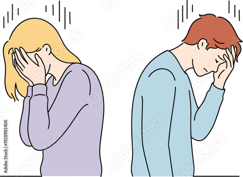 Depressed couple feeling stress and relationship conflict, sad man and woman covering faces in emotional mental health concept illustration