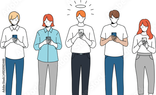 Diverse group of people using smartphones with one highlighted man having halo symbol overhead representing digital influence and social connectivity.
