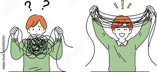Confused boy untangling messy rope into organized lines, problem solving concept illustration, mental clarity and creative thinking process
