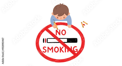 A cartoon boy looking at a no smoking sign with a cigarette and a red prohibition symbol on a white background.
