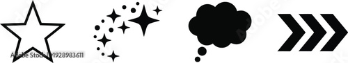Black icons of star sparkles thought bubble and arrows on white background for design and communication