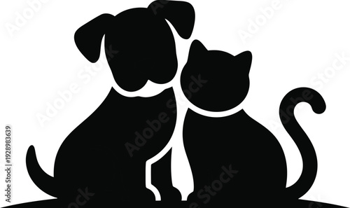 Silhouette of dog and cat sitting together in black on white background friendship and companionship concept